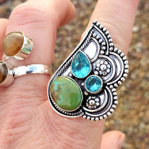 New Chrysocolla & Blue Topaz 925 Silver Ring. - Picture 9 of 16